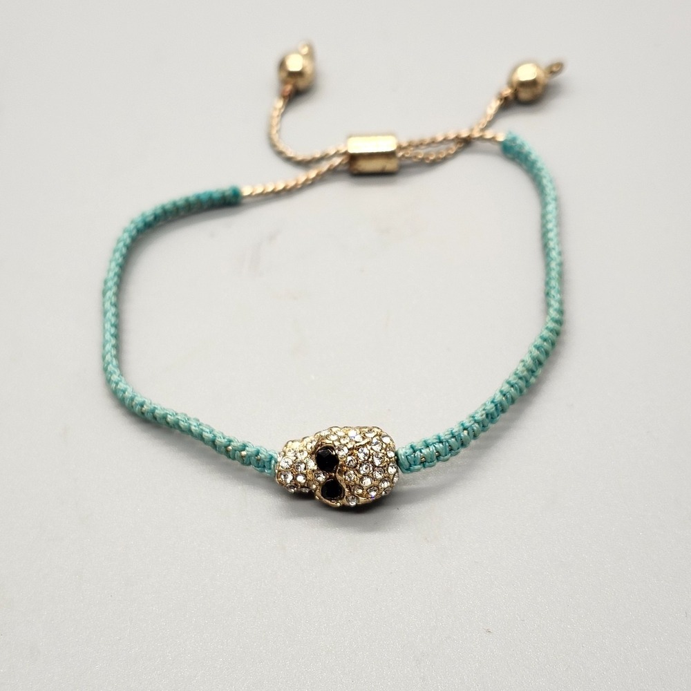 Rhinestone Skull Gold Metal Ball Bead Blue Adjustable Braided Shamballa Bracelet